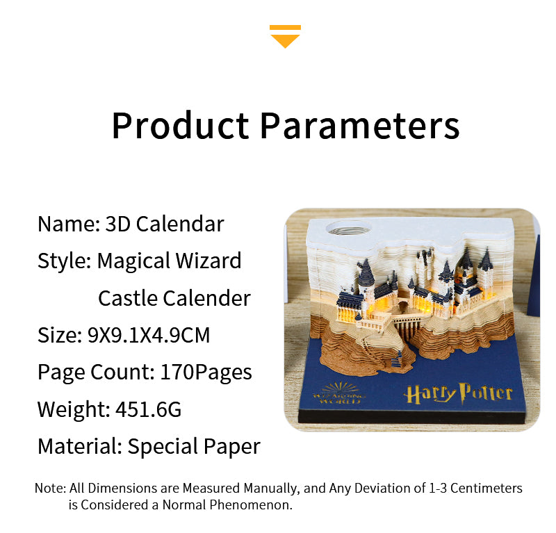 Harry Potter Hogwarts Castle Hand Tear off 3D Calendar Memo Pad With Light