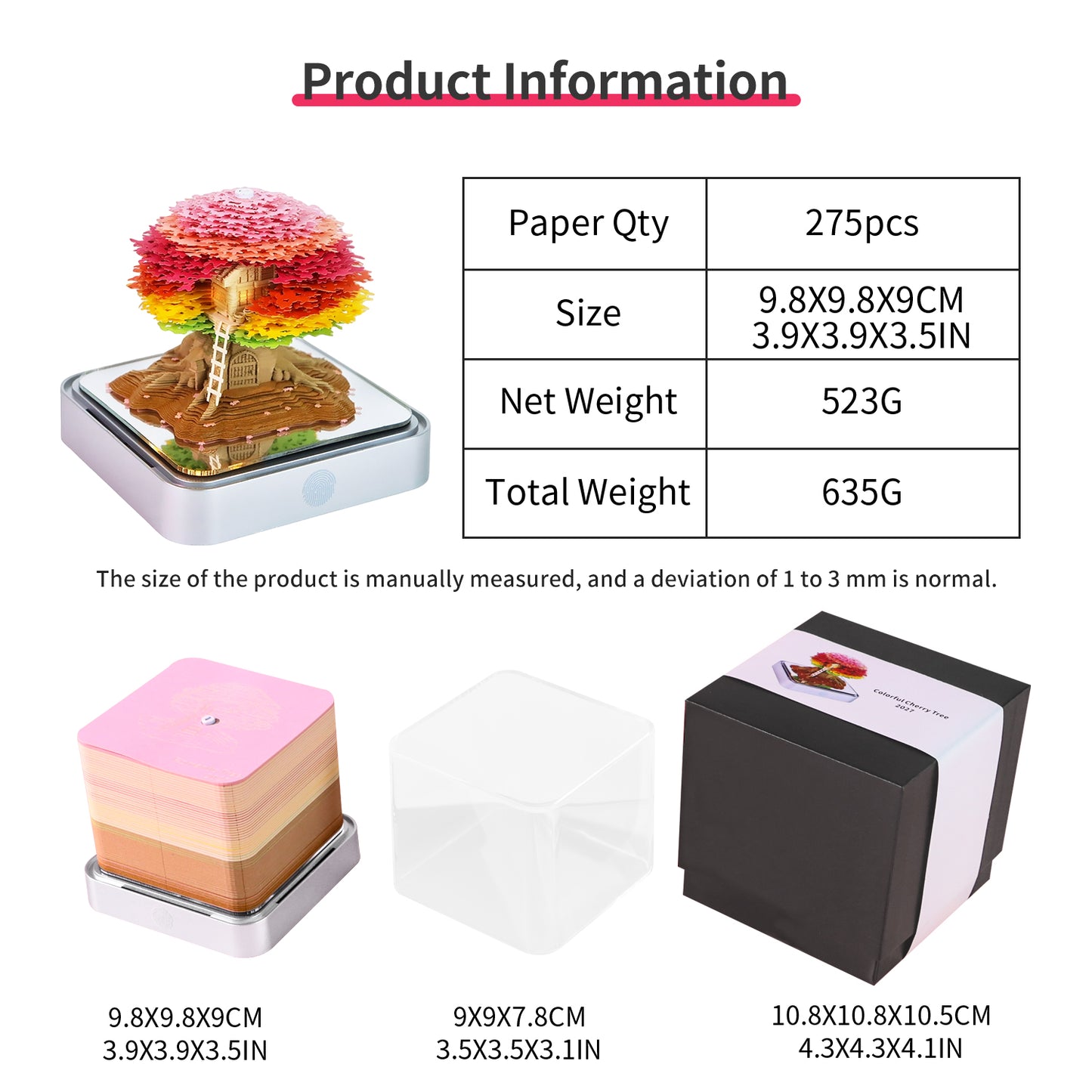 Pink Sakura Tree Model Hand Tear-off 3D Calendar Memo Pad With Light