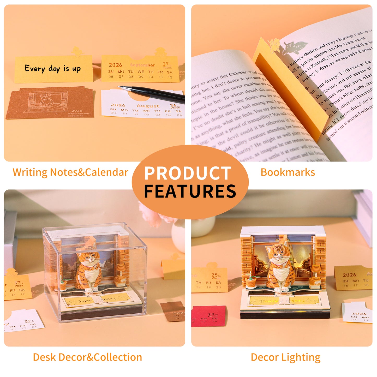 Cute Orange Cat Hand Tear off 3D Calendar Memo Pad With Light