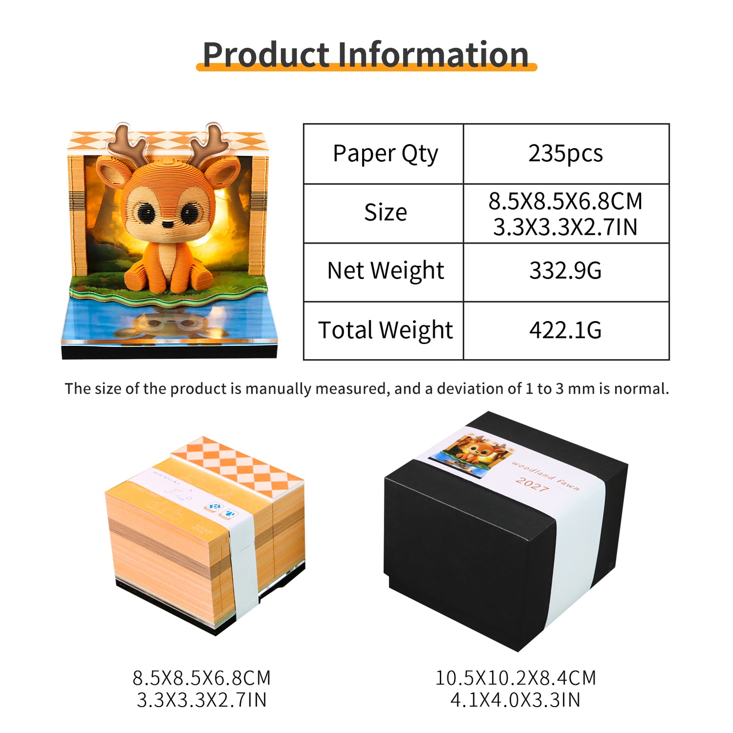 Woodland Fawn Model Hand Tear off 3D Calendar Memo Pad With Light