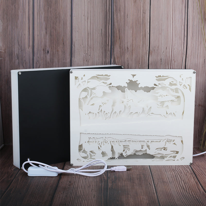 The horse Elephant Mount Fuji Paper Cut Carved Light Box with Led Light