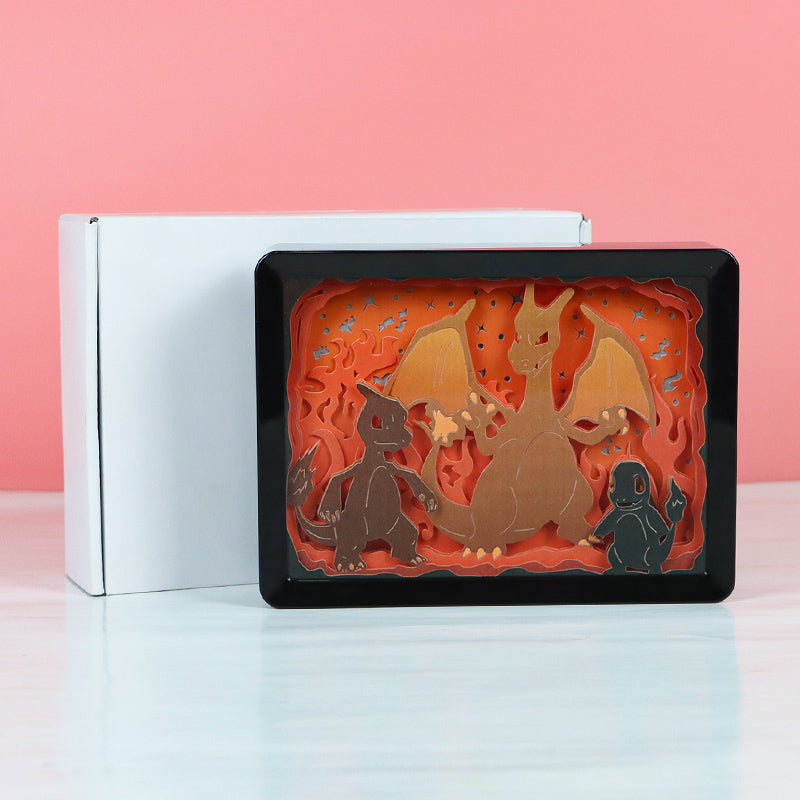 Pokemon Charmander Anime Light Box Paper Craving Lamp（Black Shadow Box Frame）