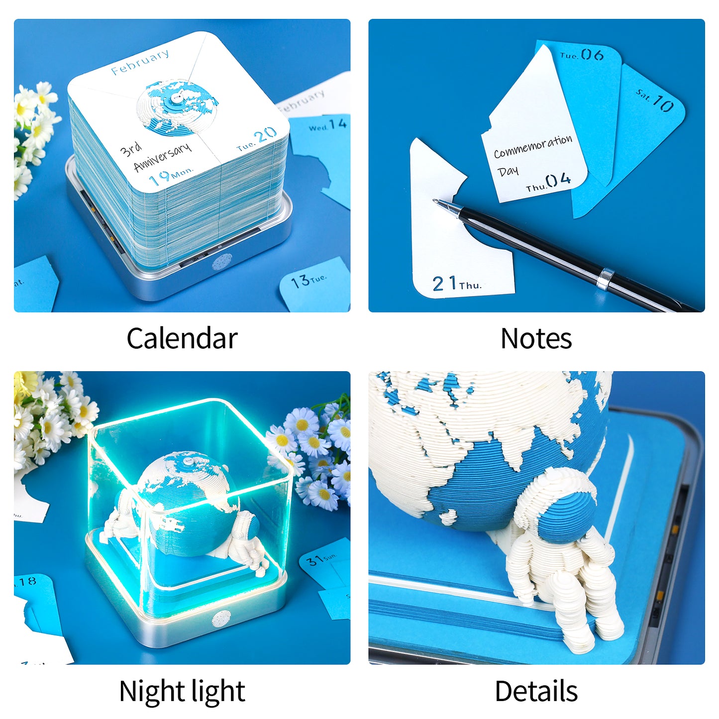 Earth Model Hand Tear off 3D Calendar Memo Pad With Light