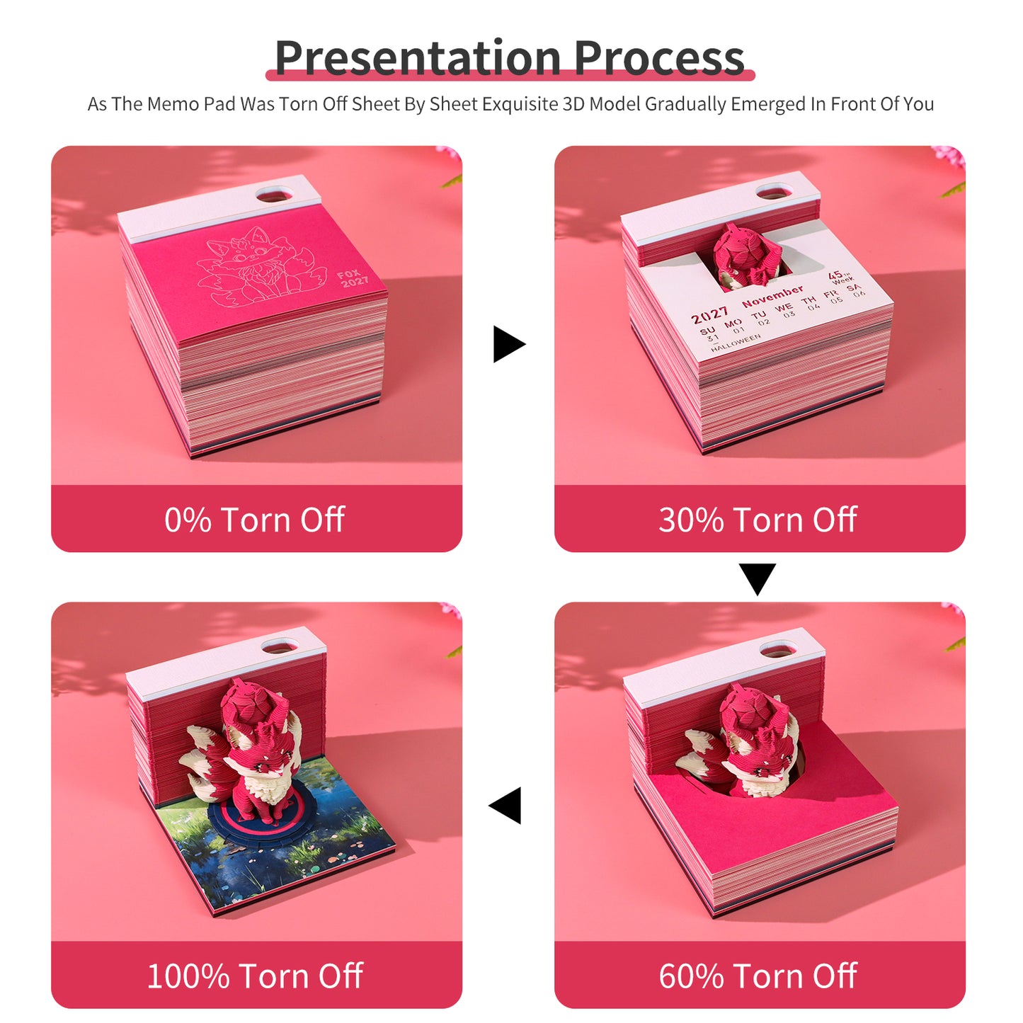 Legendary Nine Tailed Fox Model Hand Tear off 3D Calendar Memo Pad With Light