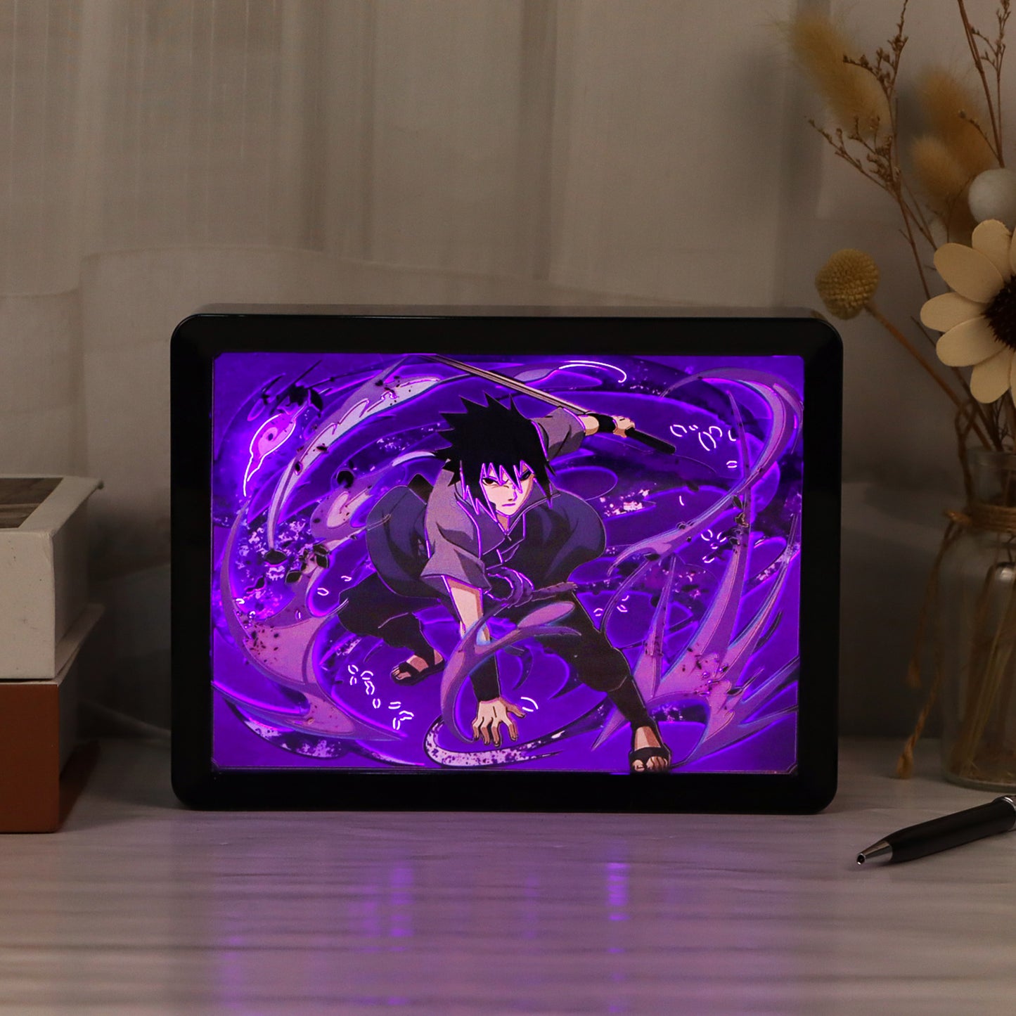 Uchiha Sasuke Anime Light Box Paper Craving Lamp（Black Shadow Box Frame）