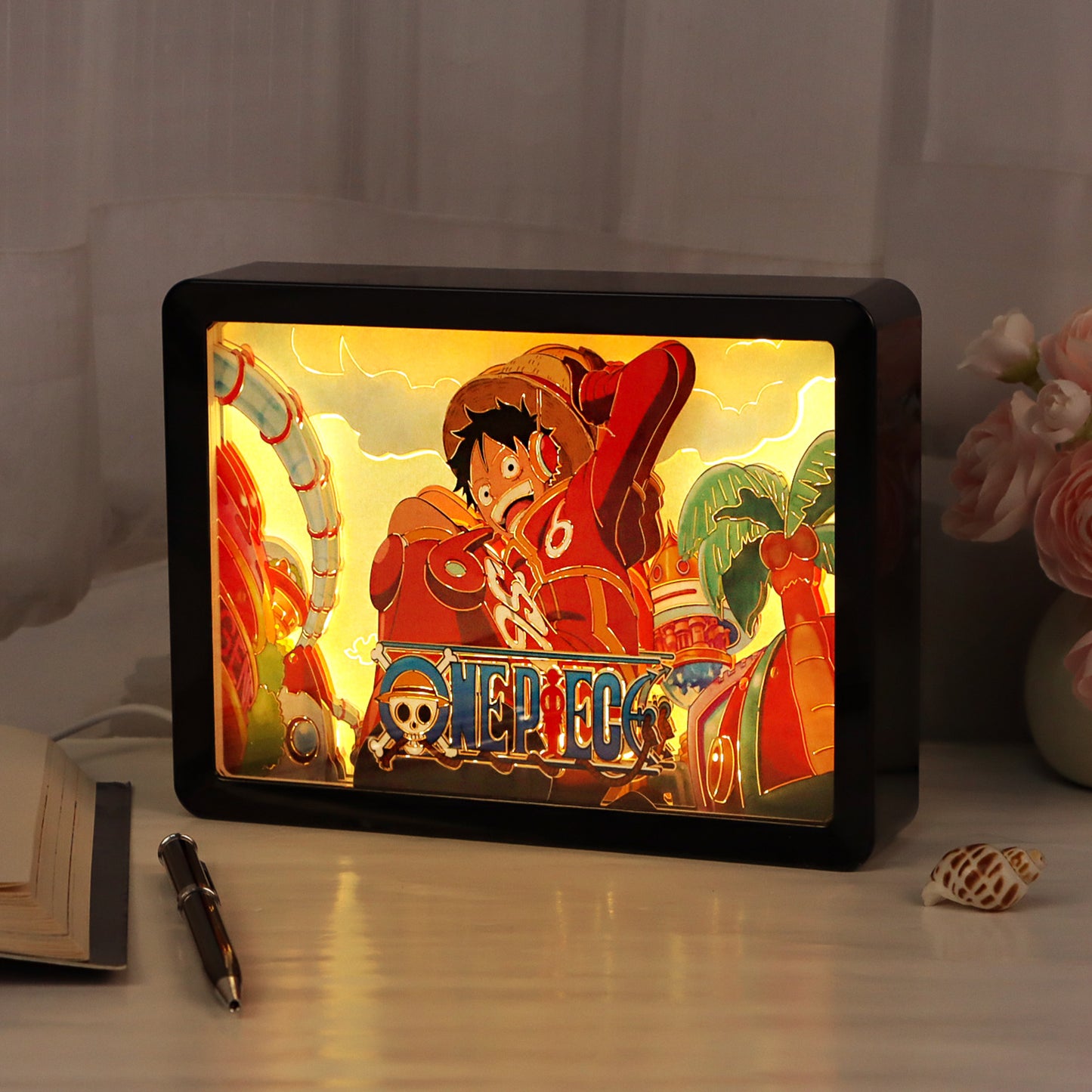 The One Piece Anime Light Box Paper Craving Lamp（Black Shadow Box Frame）