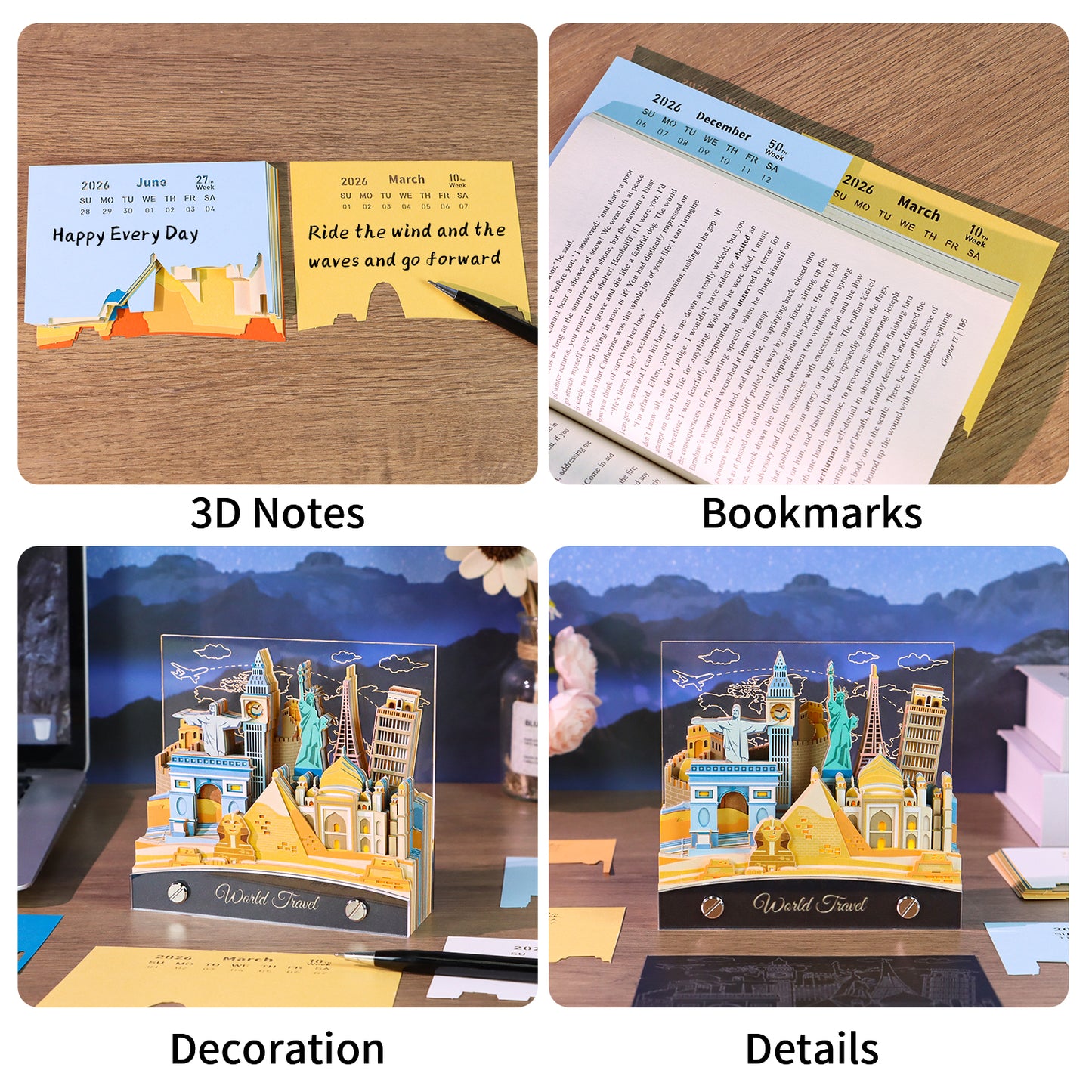 Travel around the Wolrd Famous Landmark Hand Tear off 3D Calendar Memo Pad with Light