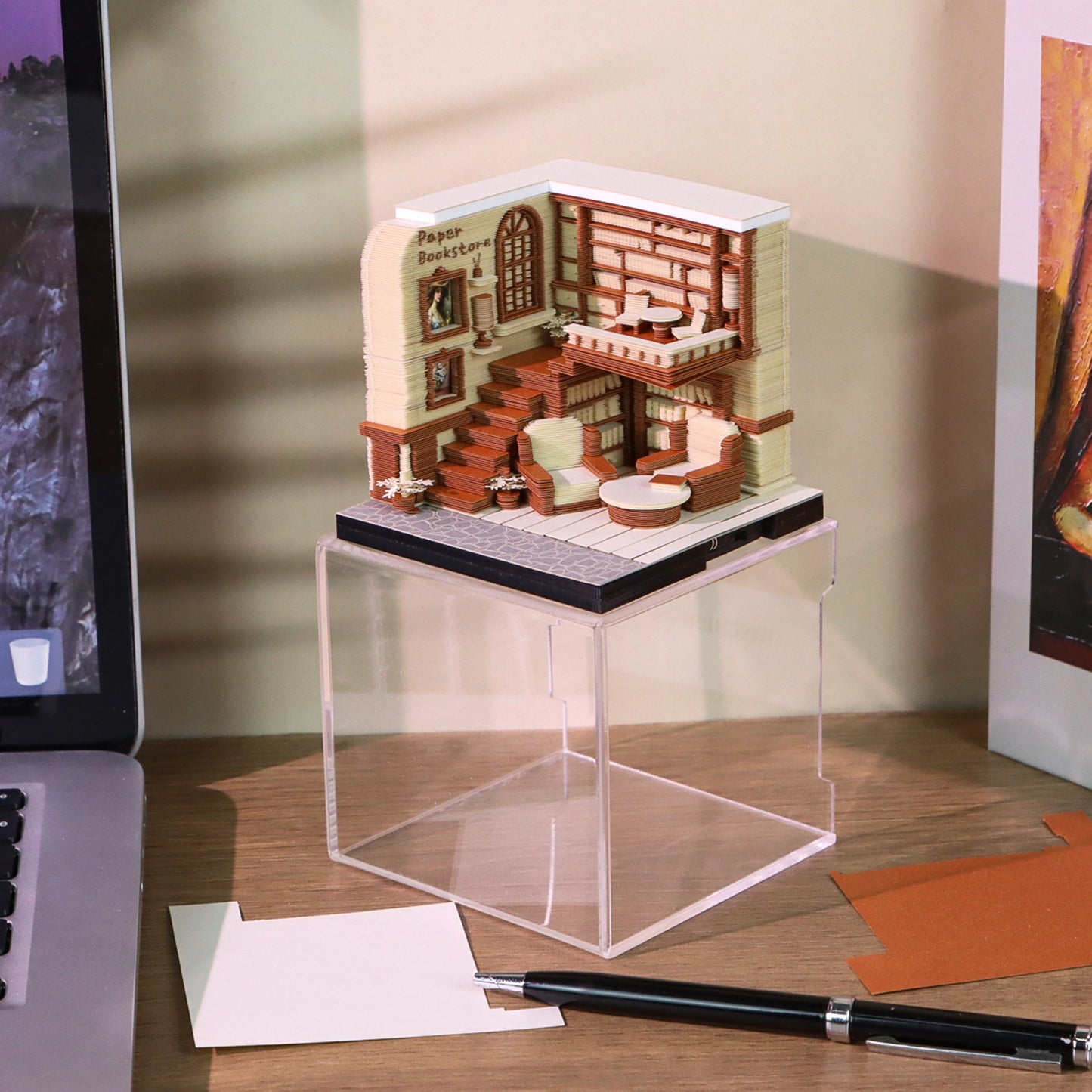 Bookstore Diorama Hand Tear off 3D Calendar Memo Pad With Light