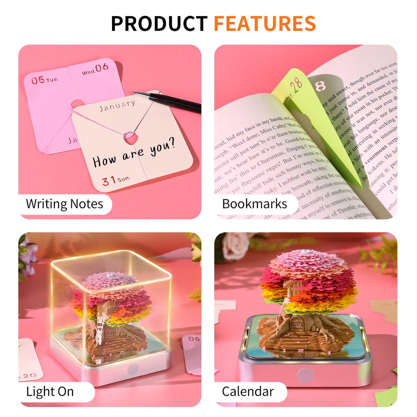 Pink Sakura Tree Model Hand Tear-off 3D Calendar Memo Pad With Light