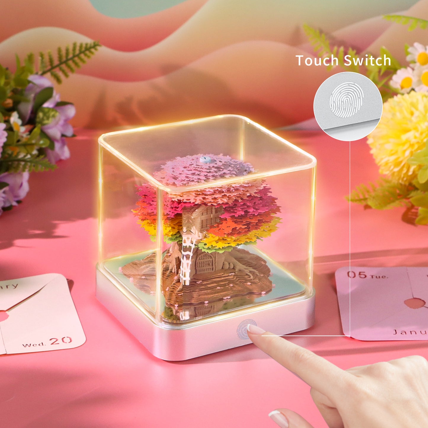 Pink Sakura Tree Model Hand Tear-off 3D Calendar Memo Pad With Light