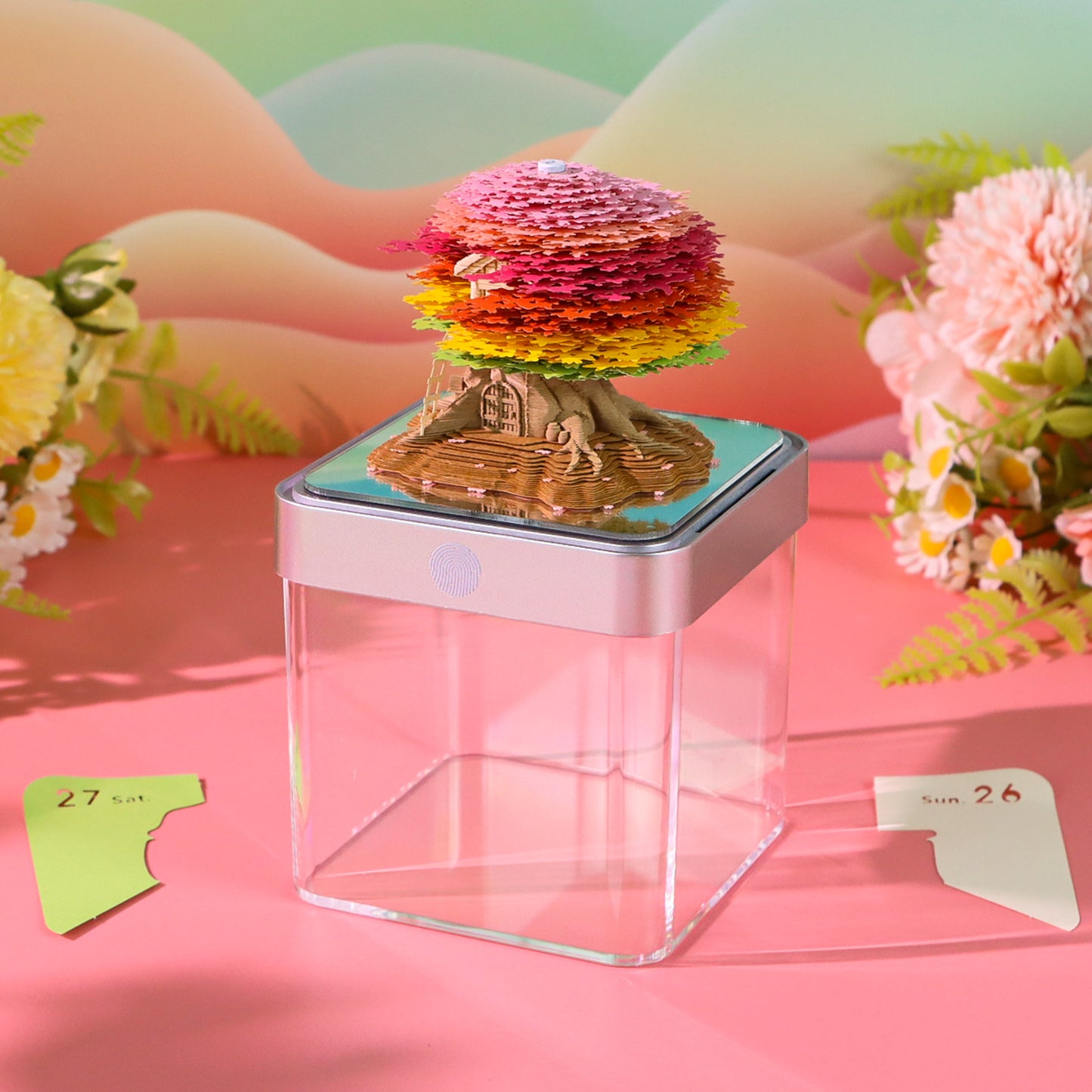 Pink Sakura Tree Model Hand Tear-off 3D Calendar Memo Pad With Light