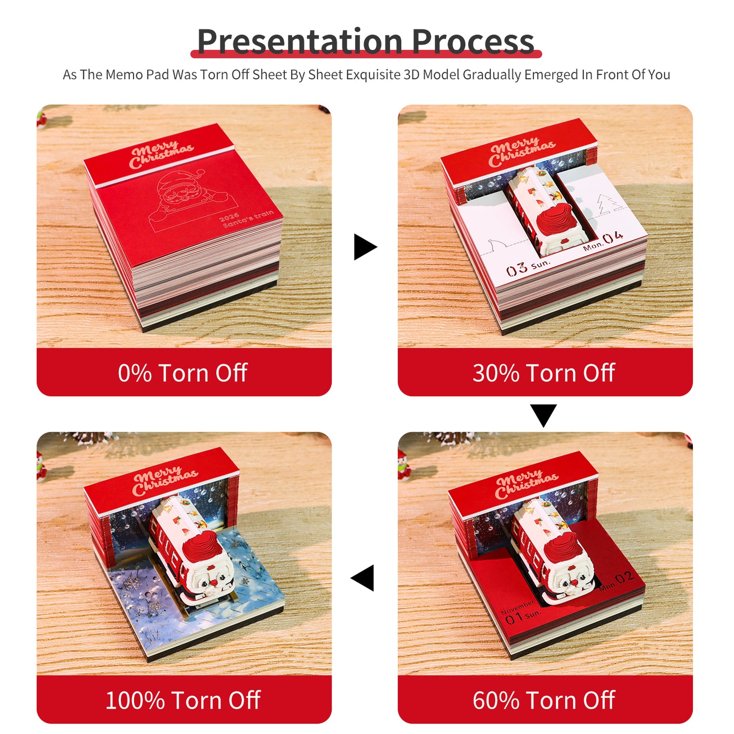 Santa Christmas Train Miniature Hand Tear off 3D Calendar Memo Pad With Light