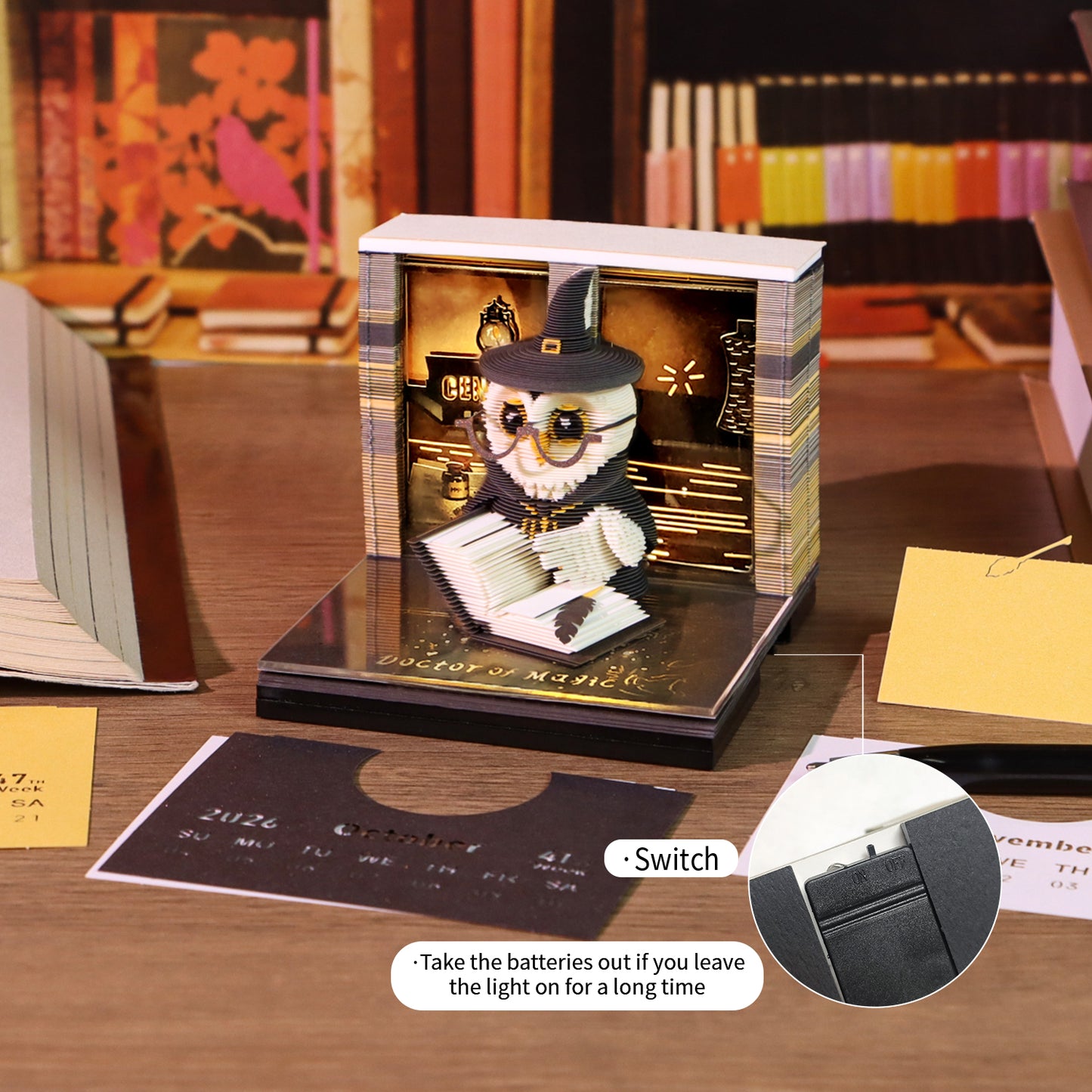Wizard Owl Doctor of Magic 3D Calendar Memo Pad With Light