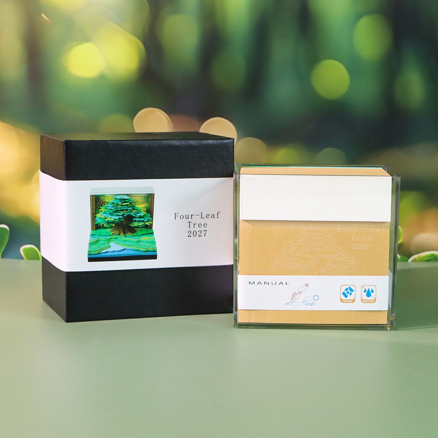 Four-leaf Tree Model Hand Tear off 3D Calendar Memo Pad With Light