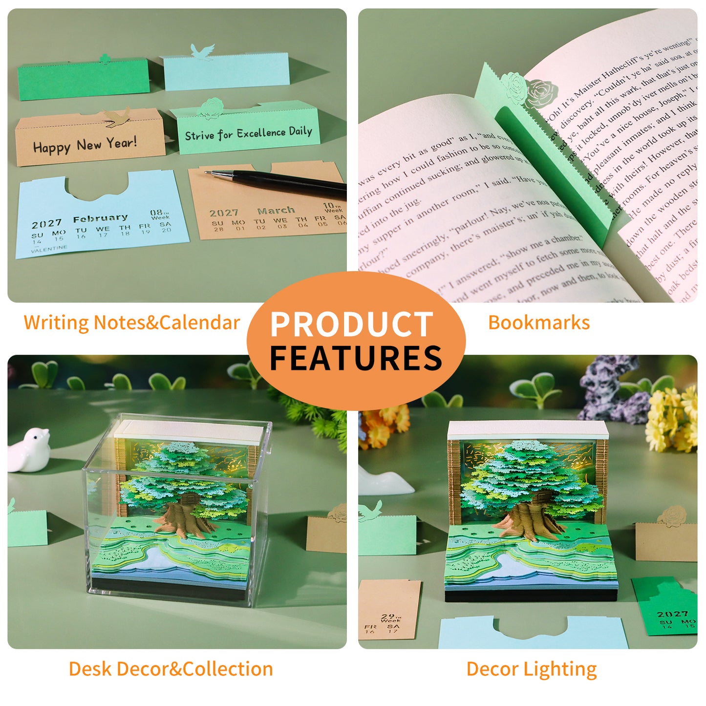 Four-leaf Tree Model Hand Tear off 3D Calendar Memo Pad With Light