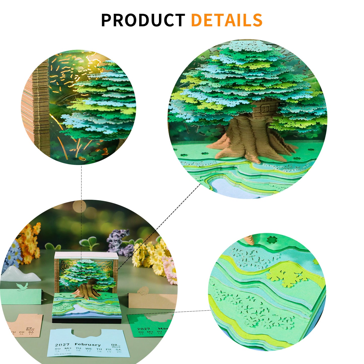 Four-leaf Tree Model Hand Tear off 3D Calendar Memo Pad With Light