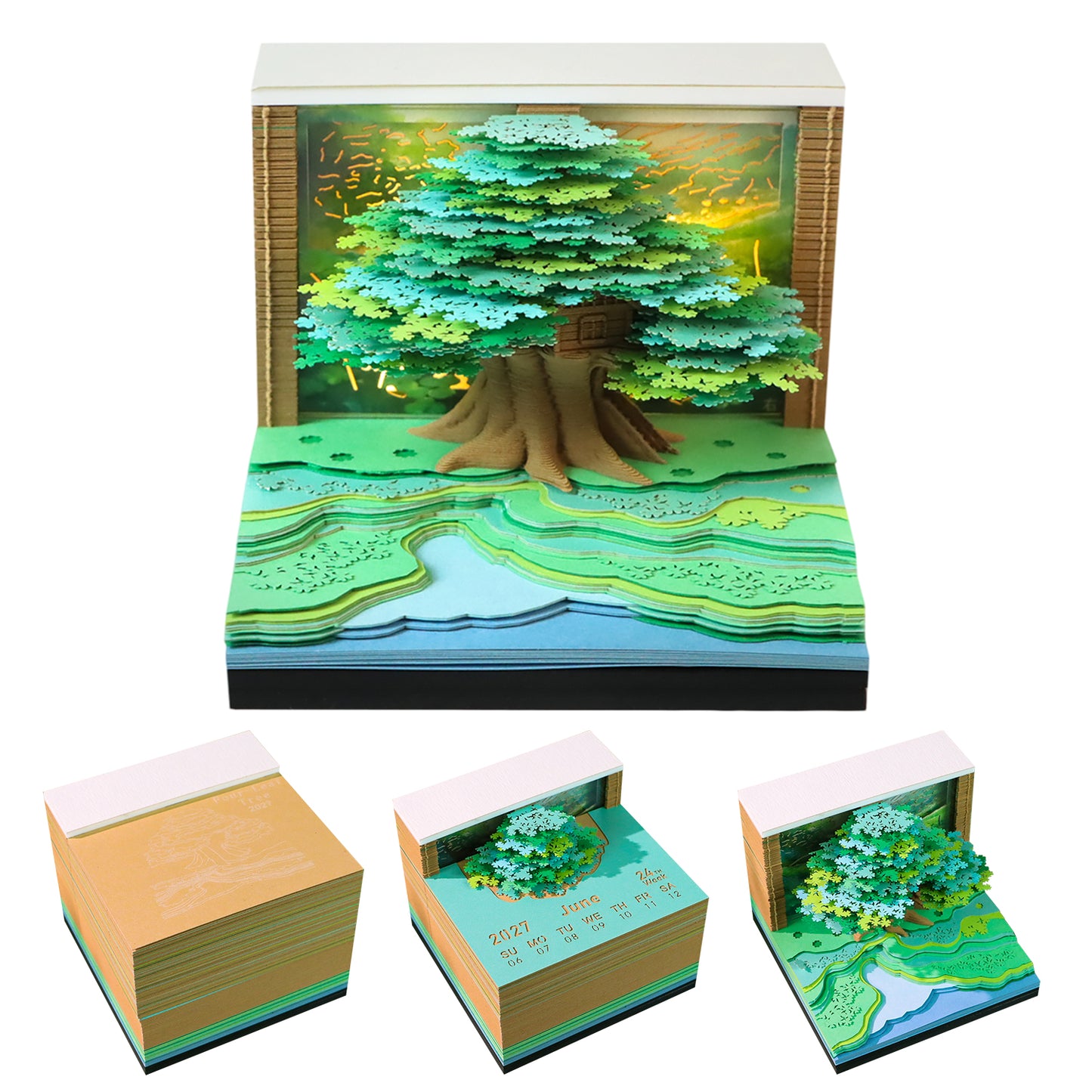 Four-leaf Tree Model Hand Tear off 3D Calendar Memo Pad With Light