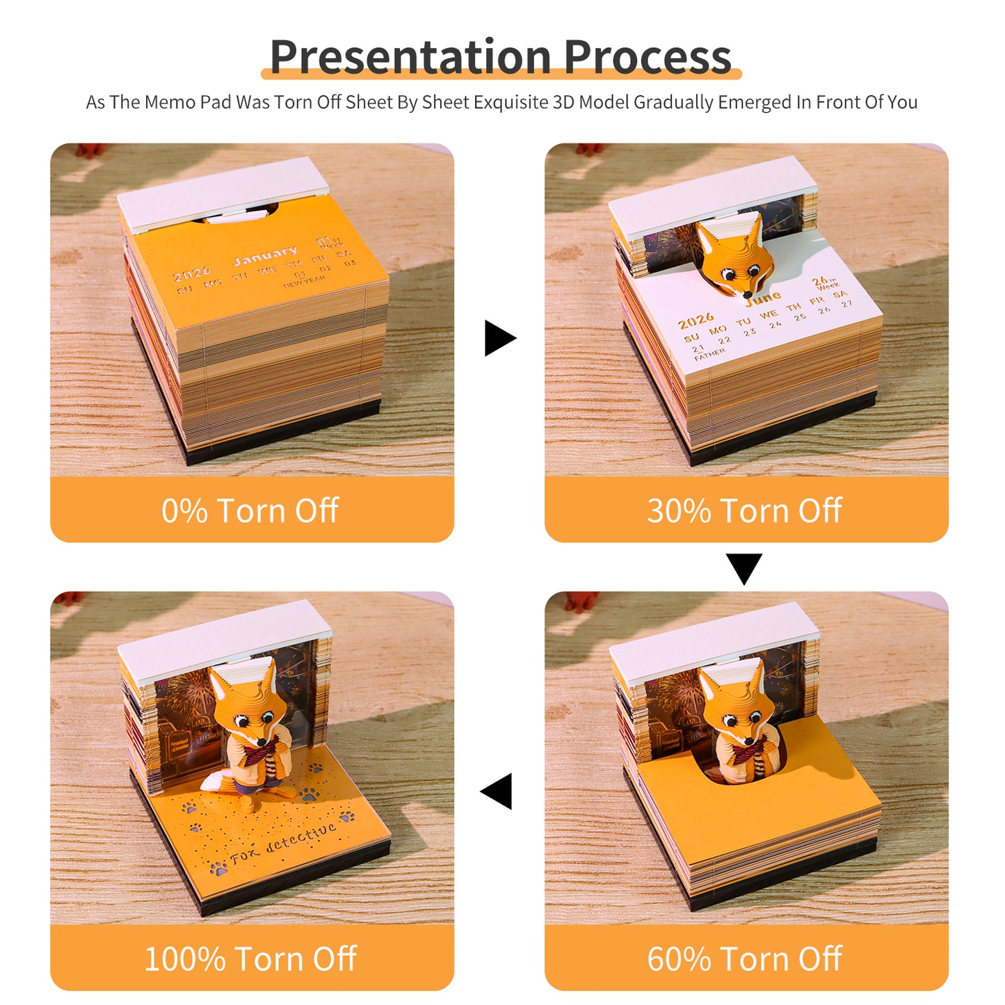 Cute Detective Fox Cartoon 3D Calendar Memo Pad With Light