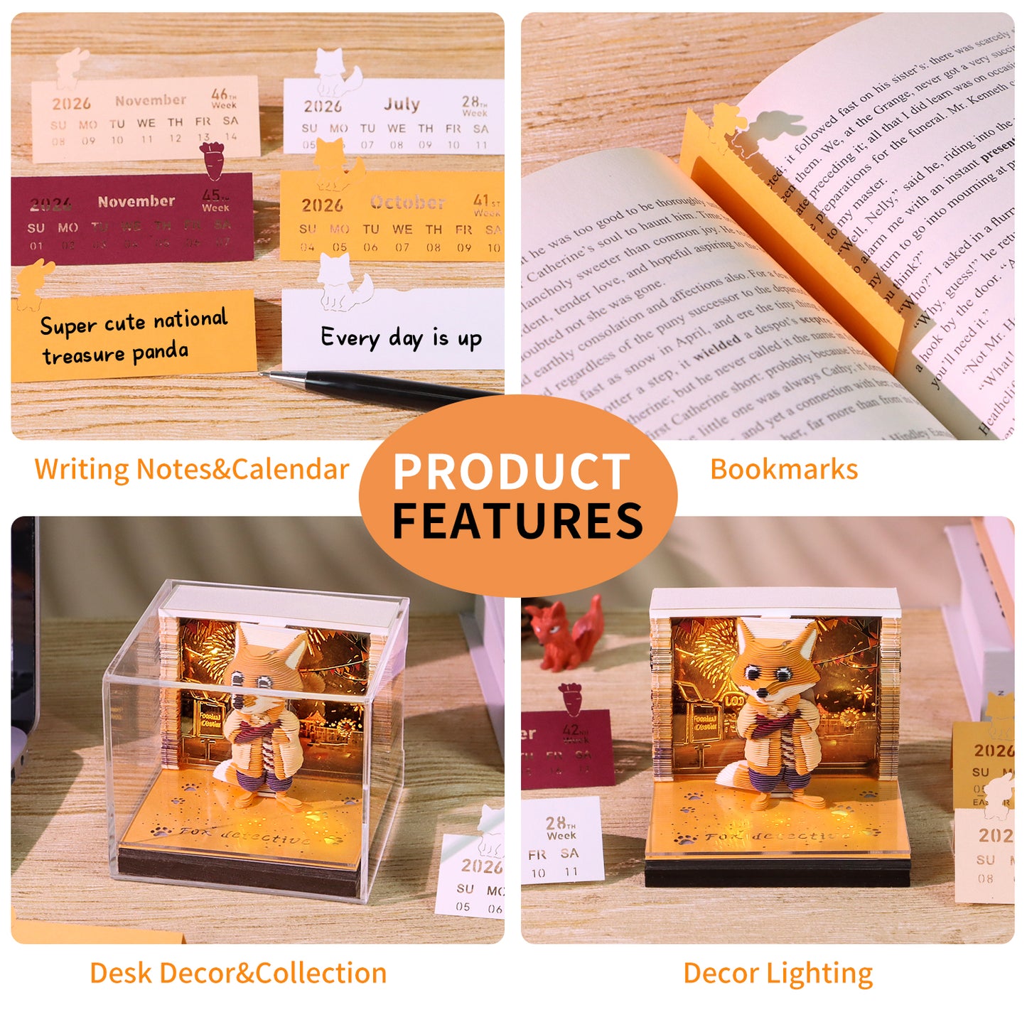Cute Detective Fox Cartoon 3D Calendar Memo Pad With Light
