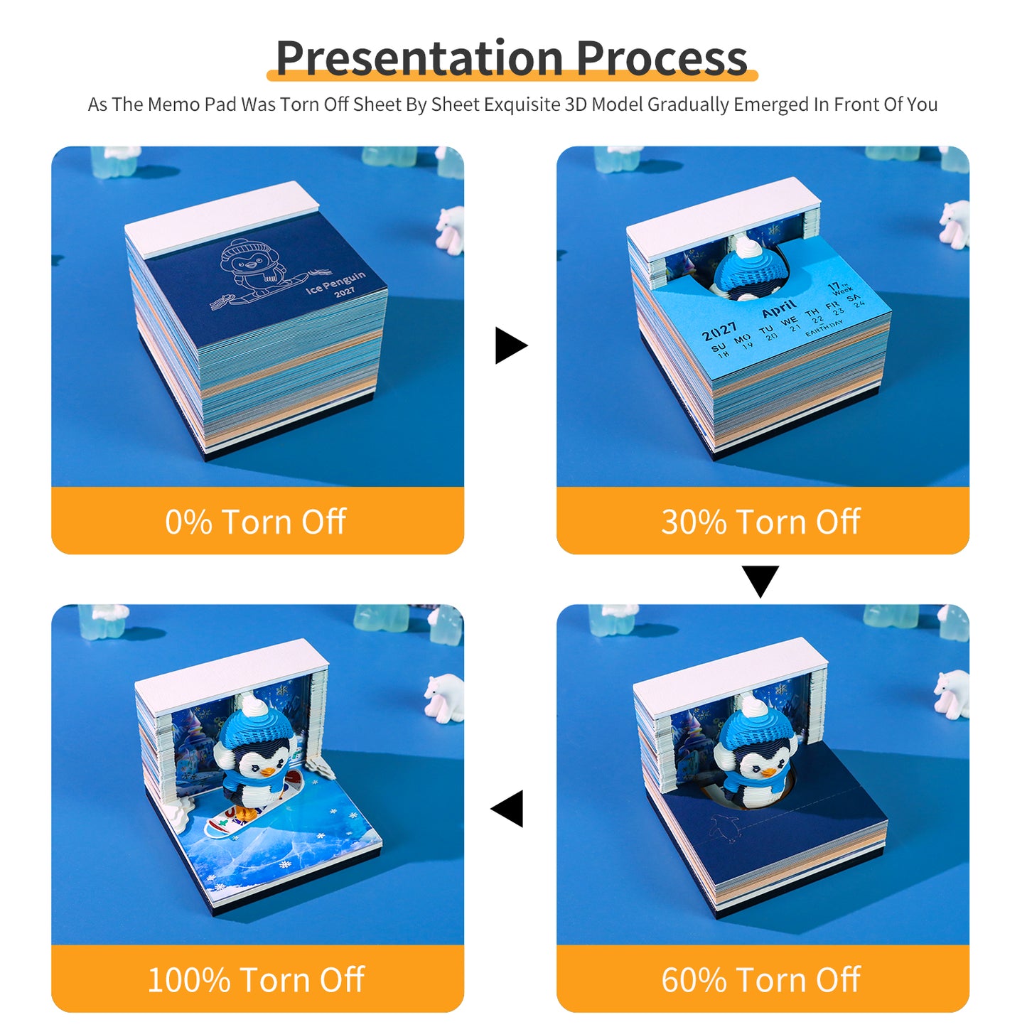 Cartoon Penguin Model Hand Tear off 3D Calendar Memo Pad With Light