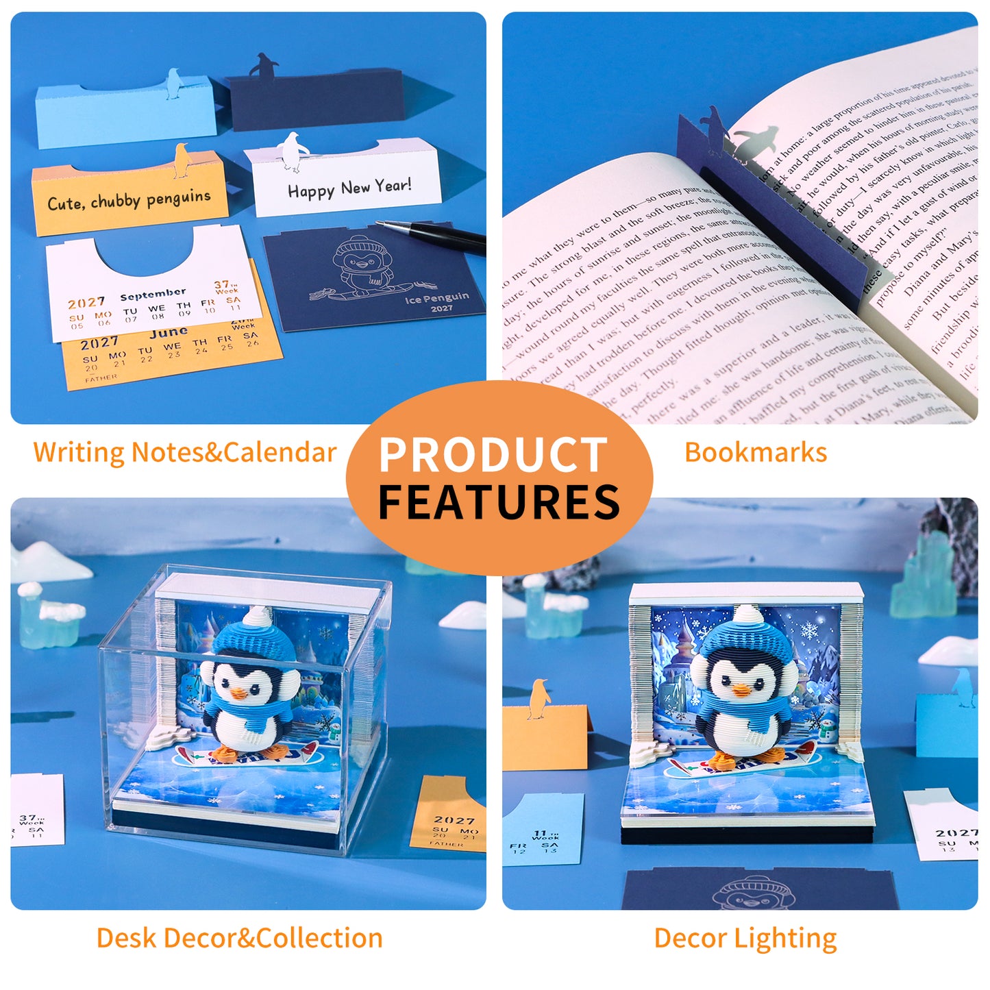 Cartoon Penguin Model Hand Tear off 3D Calendar Memo Pad With Light