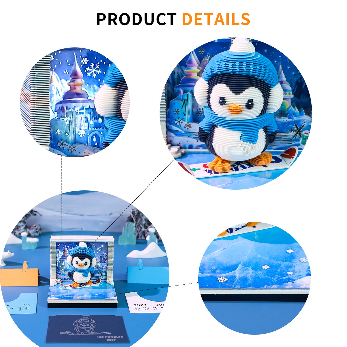 Cartoon Penguin Model Hand Tear off 3D Calendar Memo Pad With Light