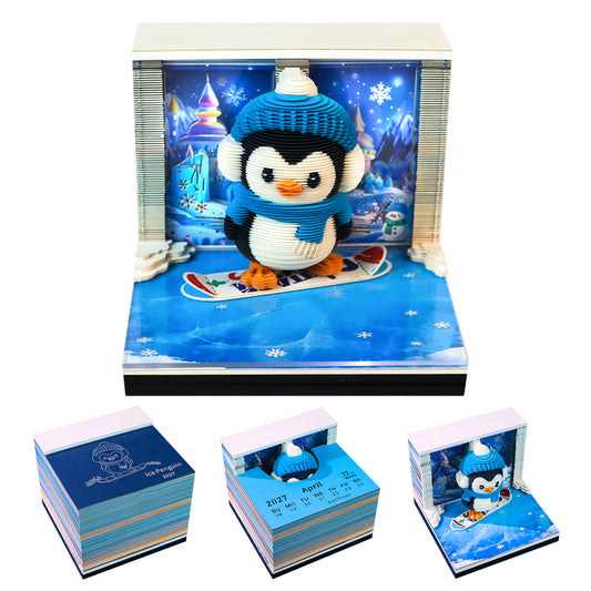 Cartoon Penguin Model Hand Tear off 3D Calendar Memo Pad With Light