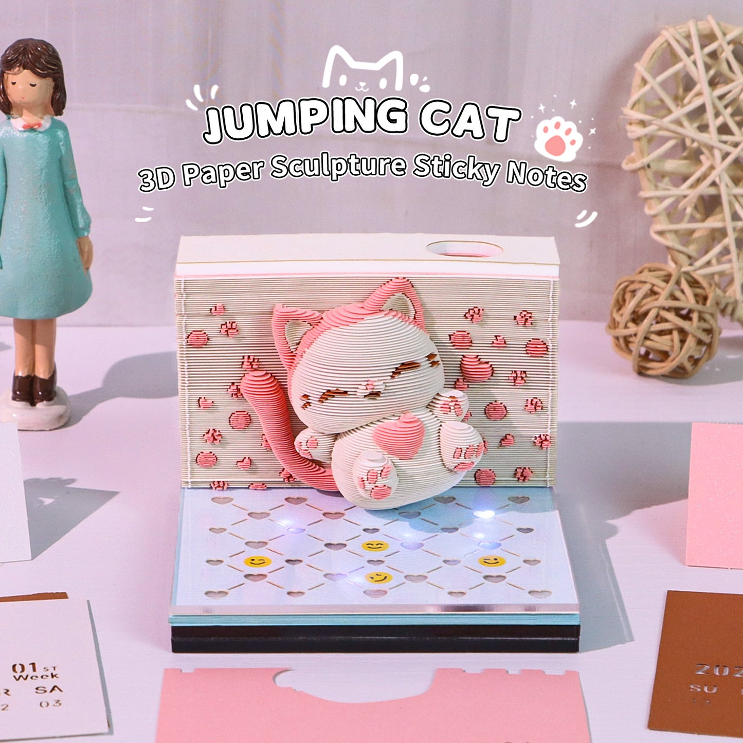 Jumping Cat 3D Model Hand Torn Memo Pad With Weekly Calendar 2026