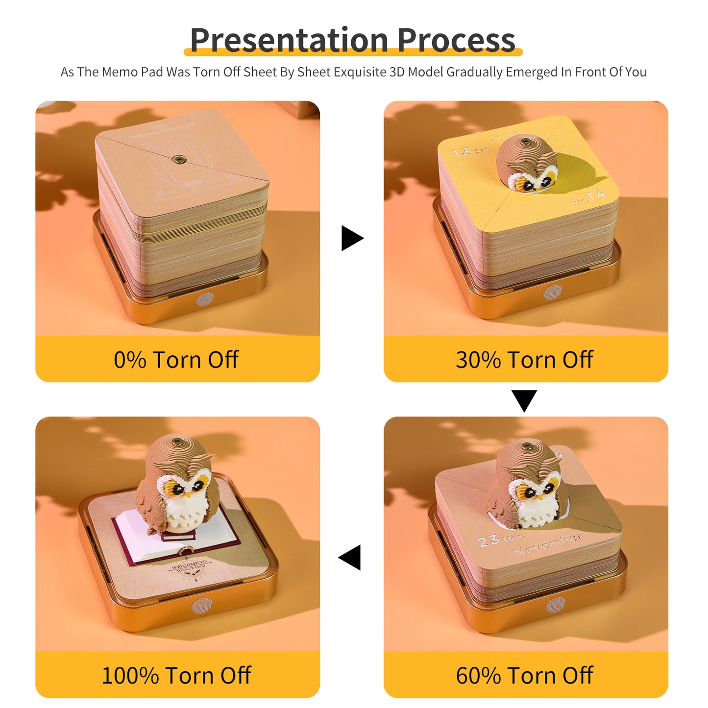 Panoramic Magic Eagle OWL 3D Paper Sculpture Calendar Memo Pad With Light