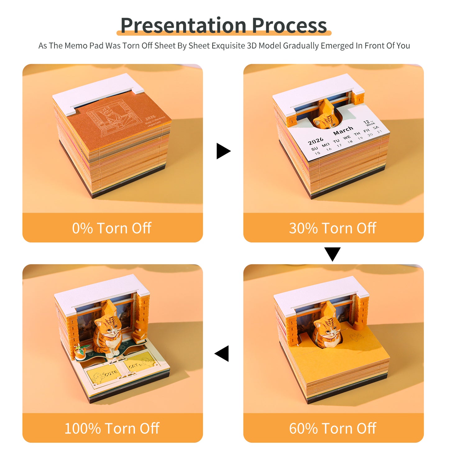Cute Orange Cat Hand Tear off 3D Calendar Memo Pad With Light