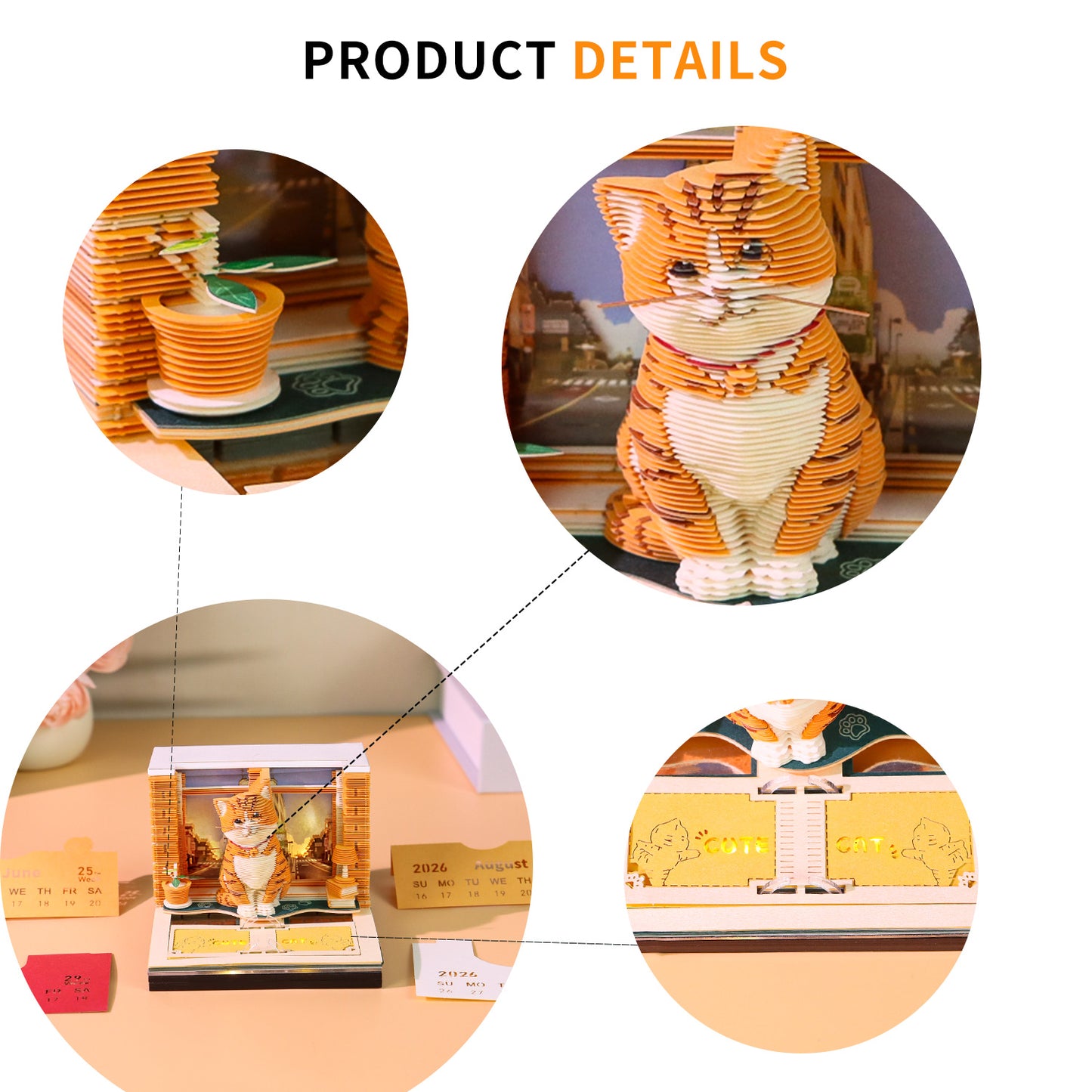 Cute Orange Cat Hand Tear off 3D Calendar Memo Pad With Light
