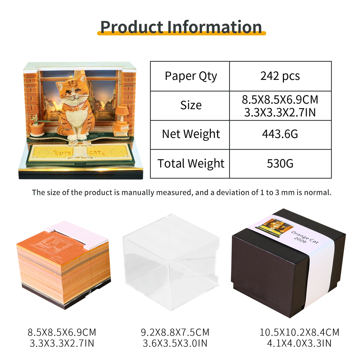 Cute Orange Cat Hand Tear off 3D Calendar Memo Pad With Light