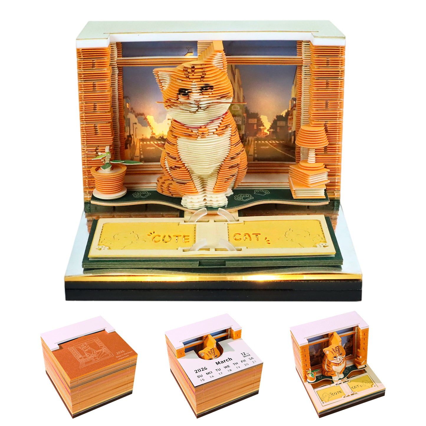 Cute Orange Cat Hand Tear off 3D Calendar Memo Pad With Light