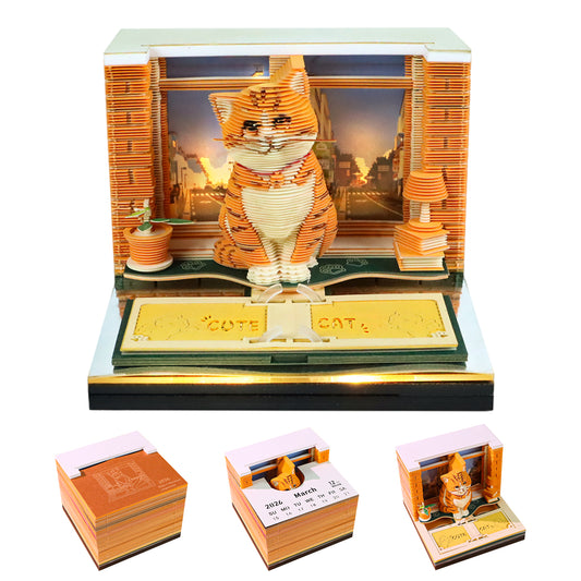 Cute Orange Cat Hand Tear off 3D Calendar Memo Pad With Light