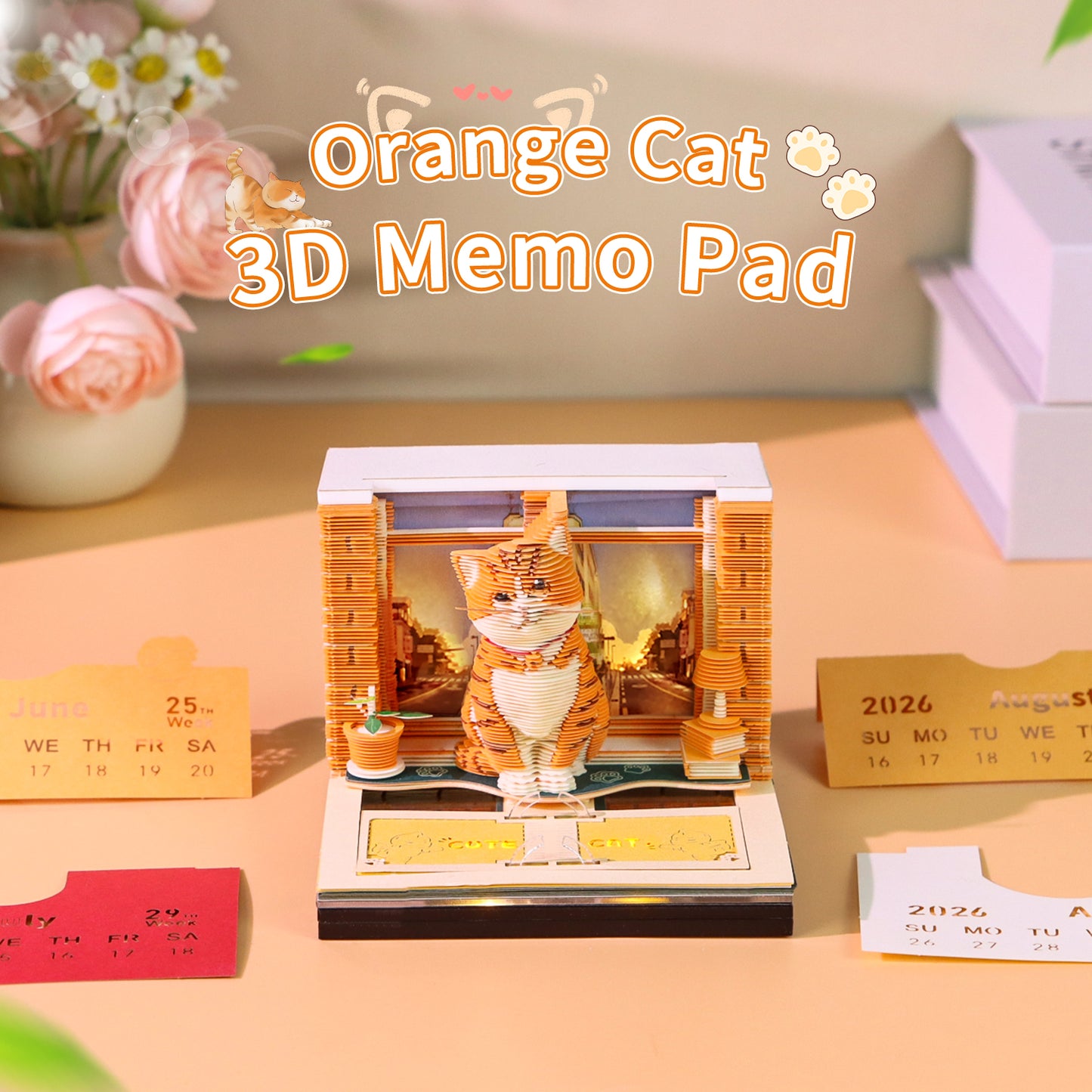Cute Orange Cat Hand Tear off 3D Calendar Memo Pad With Light