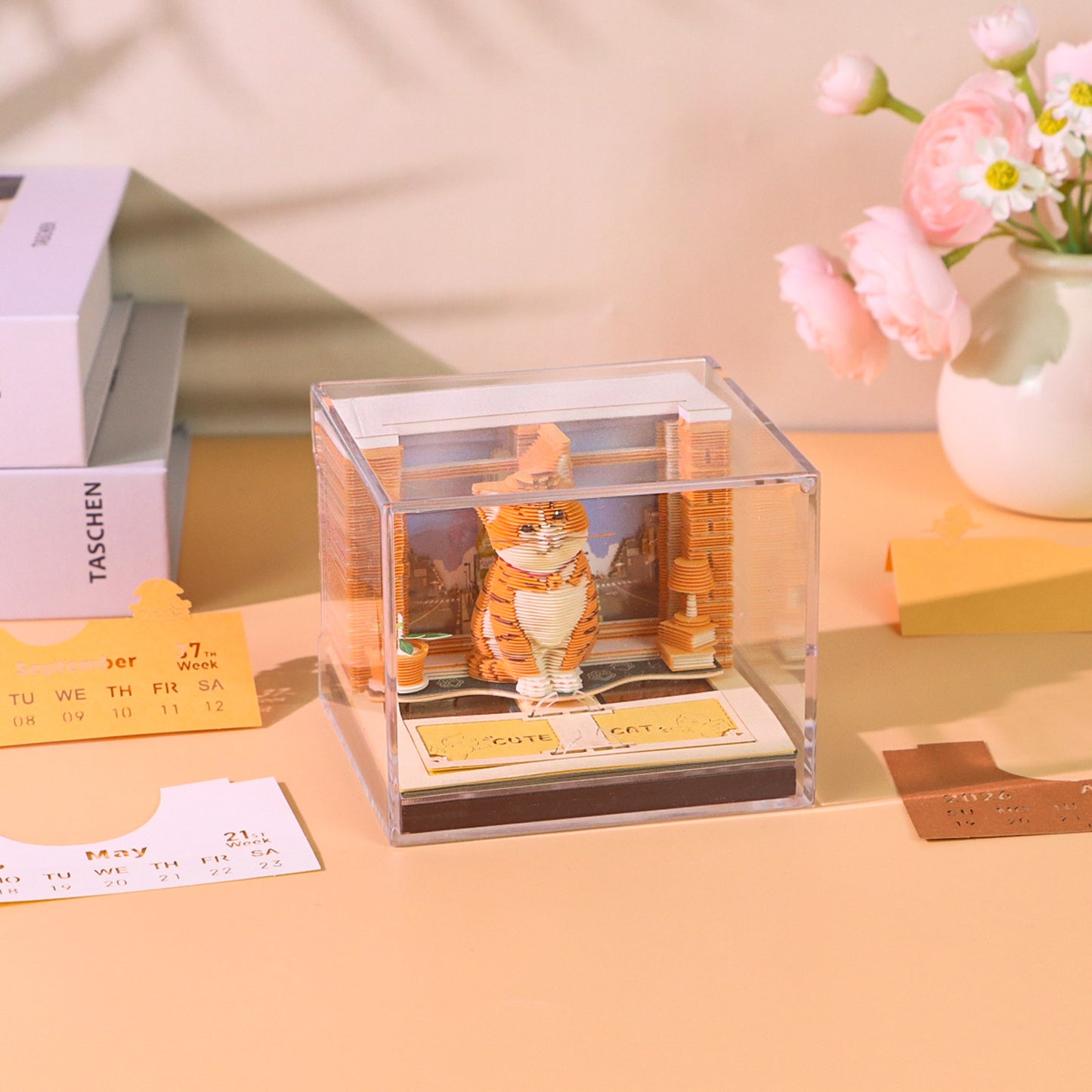 Cute Orange Cat Hand Tear off 3D Calendar Memo Pad With Light