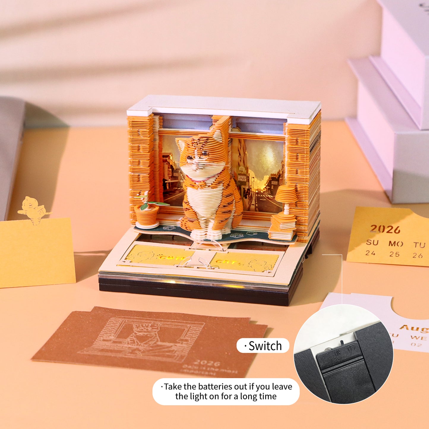 Cute Orange Cat Hand Tear off 3D Calendar Memo Pad With Light