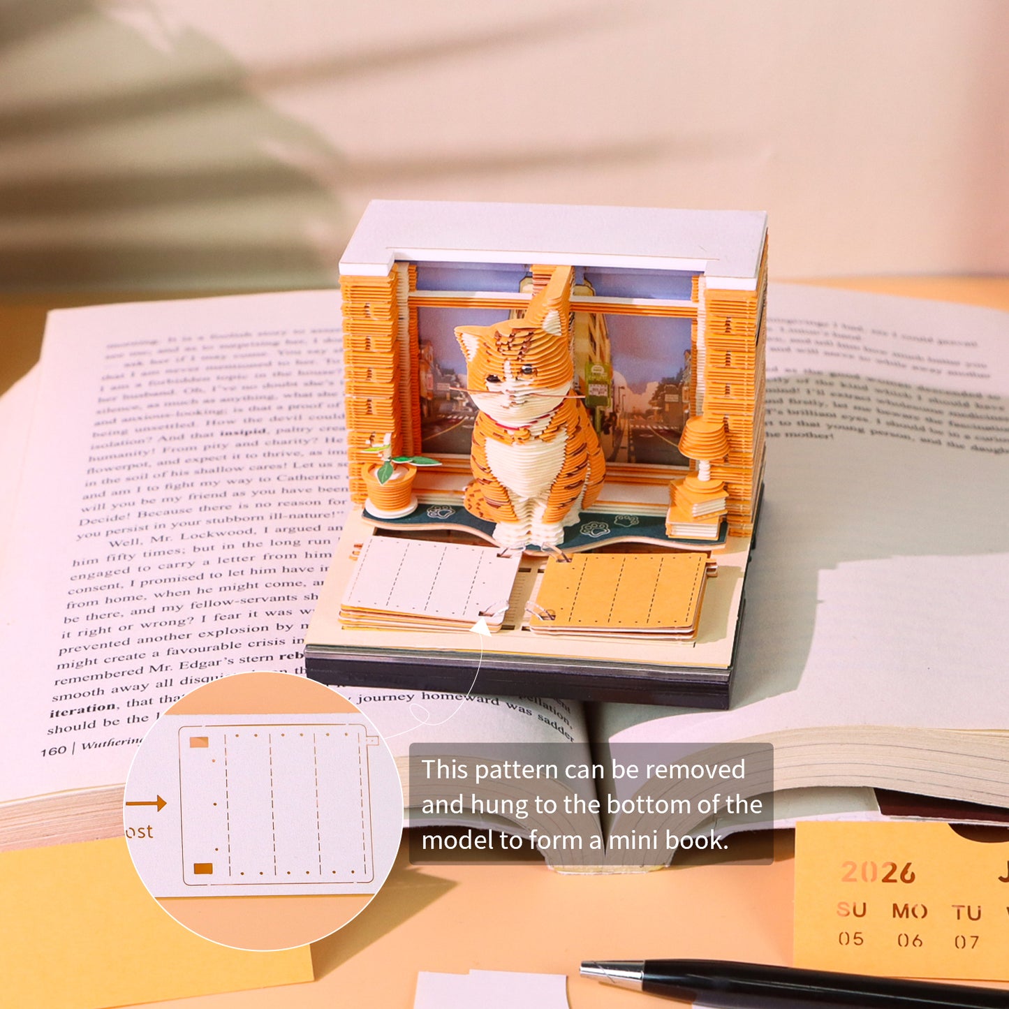 Cute Orange Cat Hand Tear off 3D Calendar Memo Pad With Light