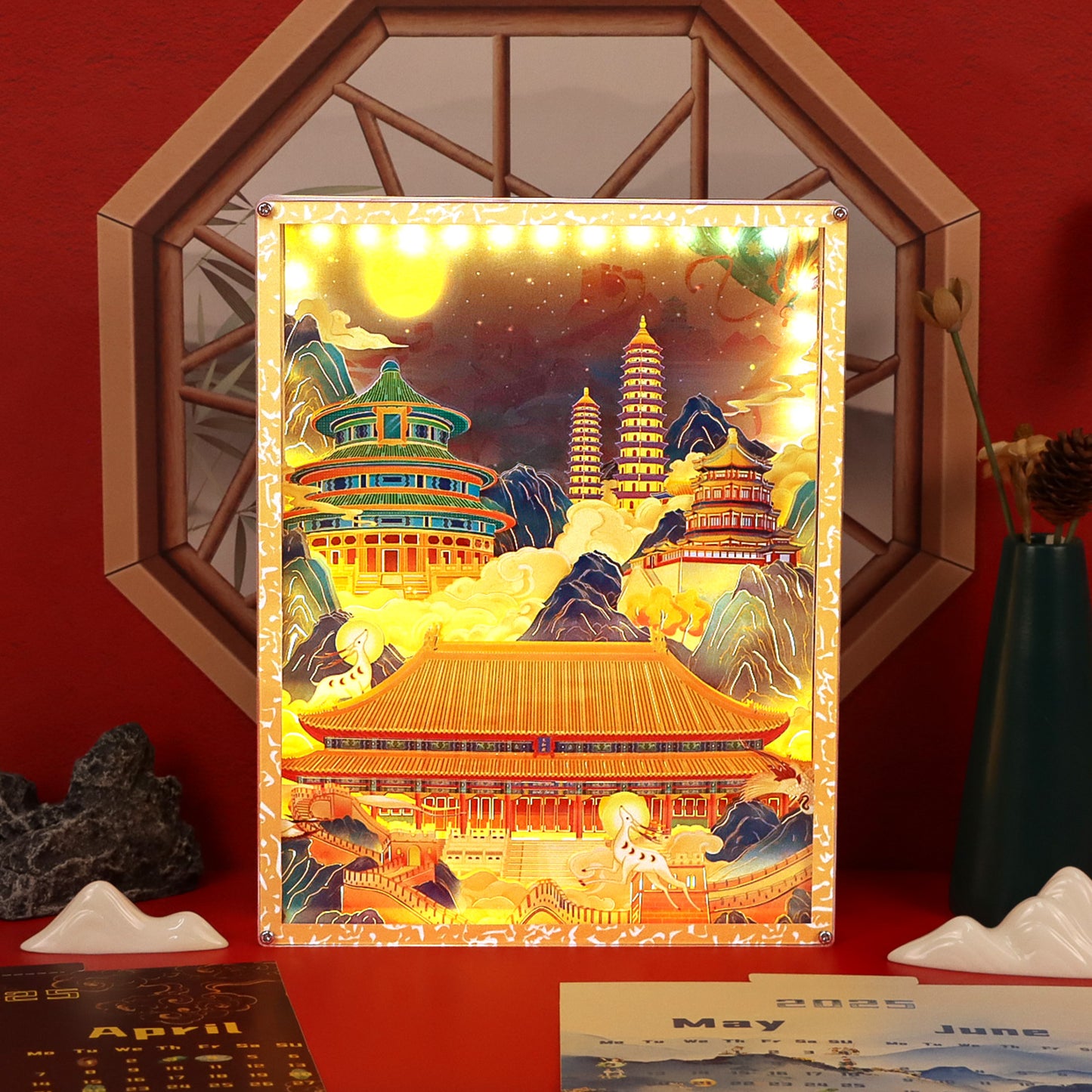 Traditional Building Style Paper Craving Lamp With Calendar Sheets（Acrylic Shadow Box Frame）