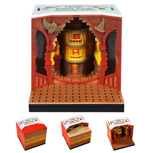 Magic Wizard Coin bank Miniature Hand Tear off 3D Calendar Memo Pad With Light