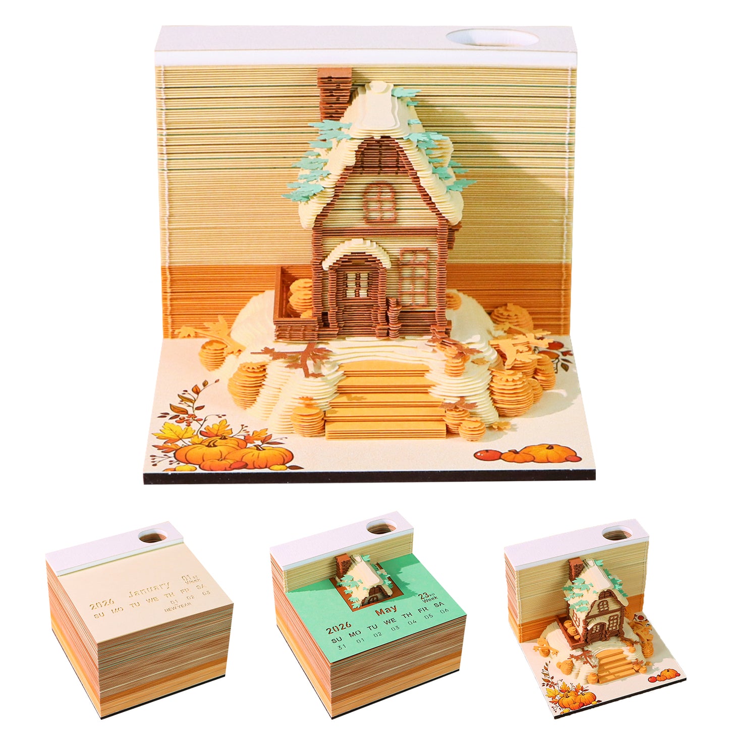 Pumkin House Diorama Hand Tear off 3D Calendar Memo Pad With Light