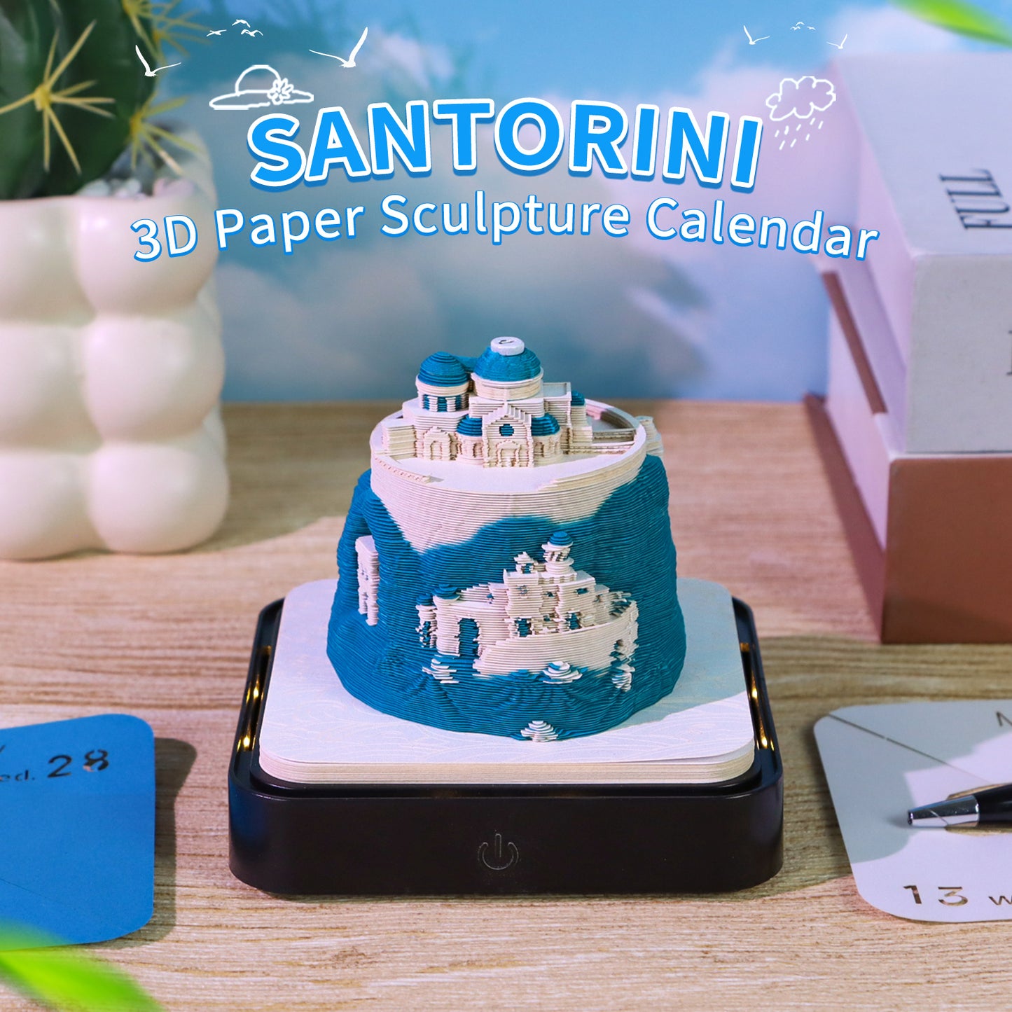 Santorini Aegean Sea 3D Paper Sculpture Calendar Memo Pad With Light