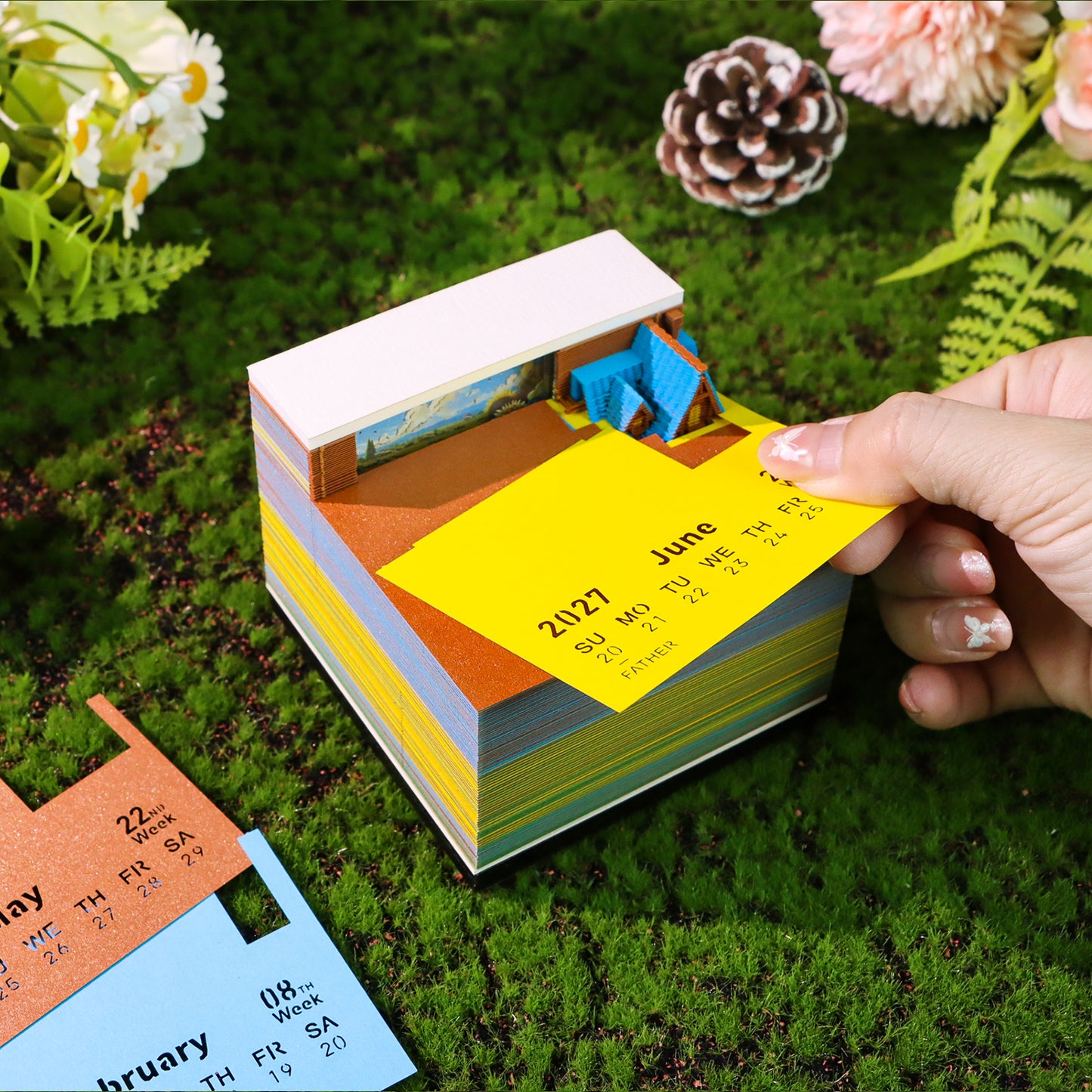Sunflower Courtyard Miniature Model Hand Tear off 3D Calendar Memo Pad With Light