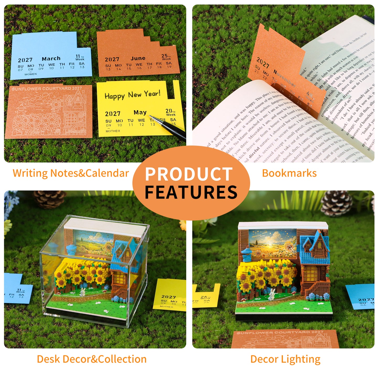 Sunflower Courtyard Miniature Model Hand Tear off 3D Calendar Memo Pad With Light