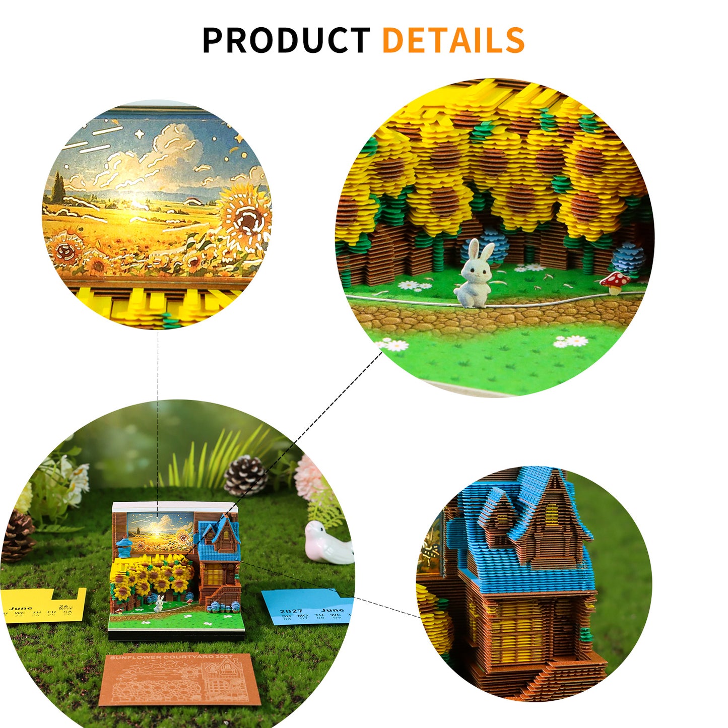 Sunflower Courtyard Miniature Model Hand Tear off 3D Calendar Memo Pad With Light