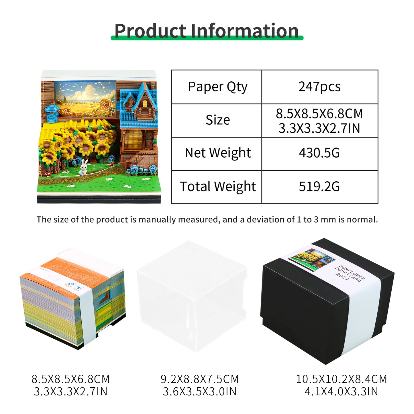 Sunflower Courtyard Miniature Model Hand Tear off 3D Calendar Memo Pad With Light