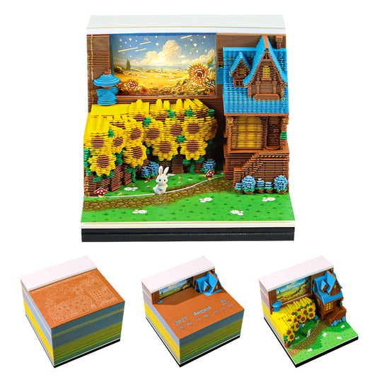 Sunflower Courtyard Miniature Model Hand Tear off 3D Calendar Memo Pad With Light