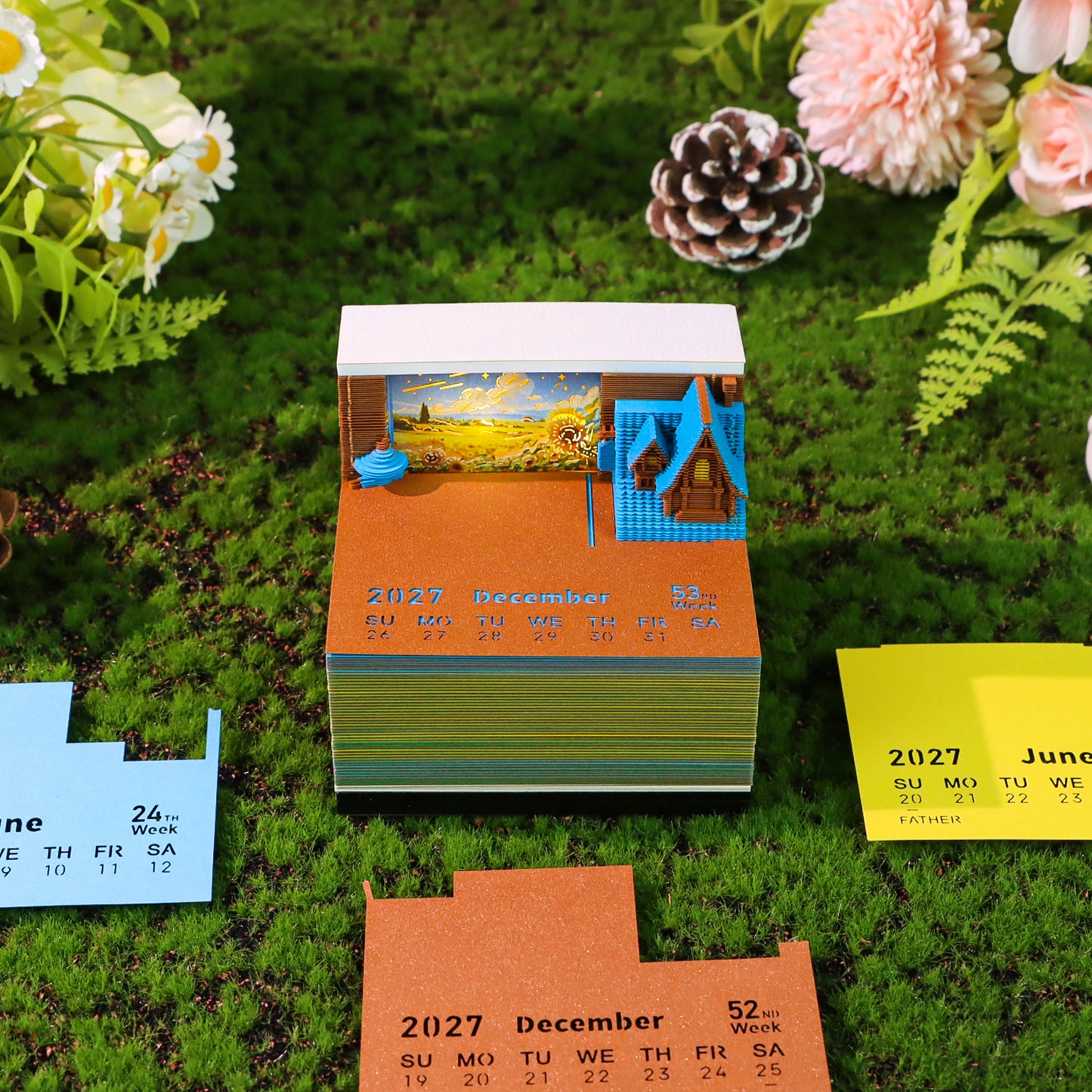 Sunflower Courtyard Miniature Model Hand Tear off 3D Calendar Memo Pad With Light
