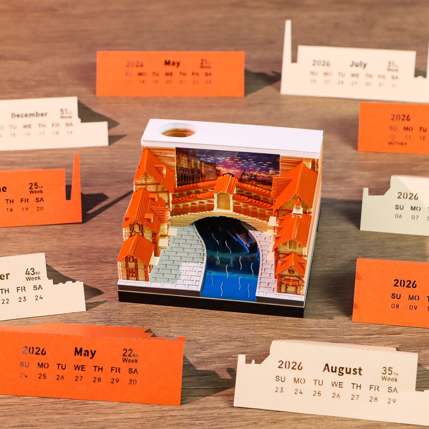 Venice Rialto Bridge Miniature Hand Tear off 3D Calendar Memo Pad With Light