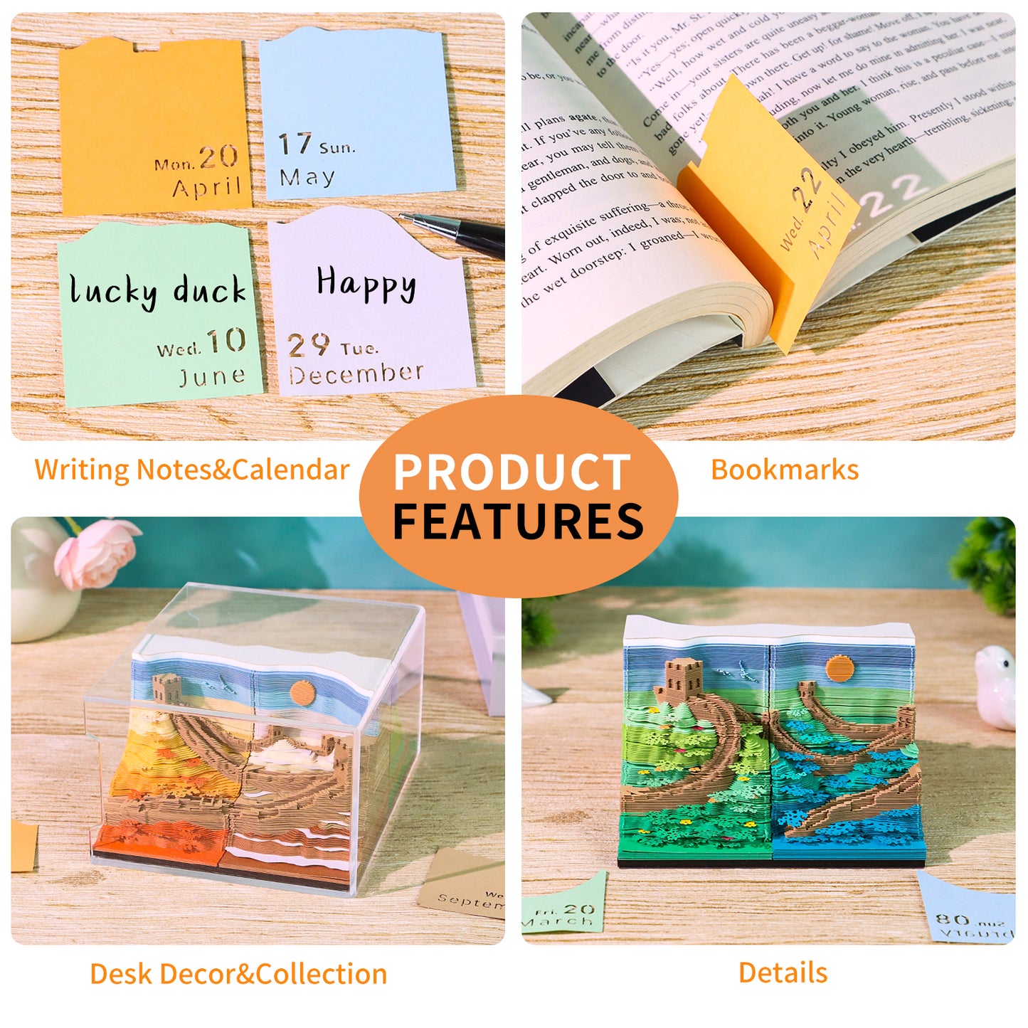 The Great Wall Four Season Diorama 4in1 Hand Tear off 3D Calendar Memo Pad With Light